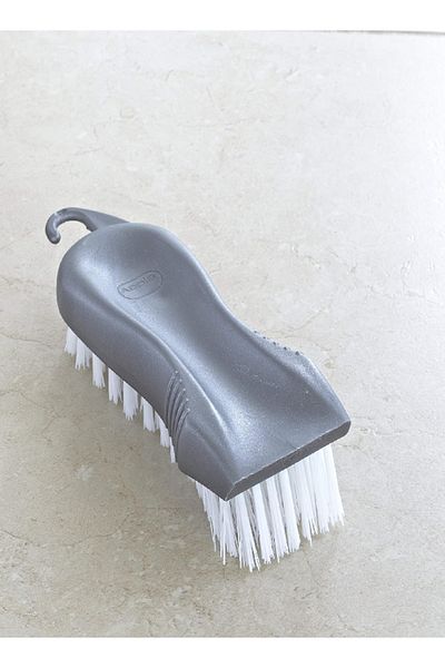 Addis 319186 Floor Scrub Brush with Scraper, Stiff Bristles, Metallic Silver