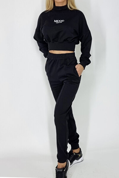 FashionForYou Compleu sport Mood, pantaloni si bluza pe gat, Negru