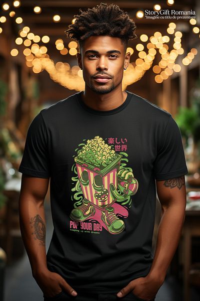 StoryGift Romania Men's T-Shirt With Message In English Pop Your Day, Popcorn, Movie, Family, Boyfriend STG