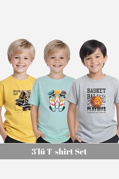 FYK KİDS Tricou cu imprimeu Al Day pentru băiat, cu gât rotund, 3 piese