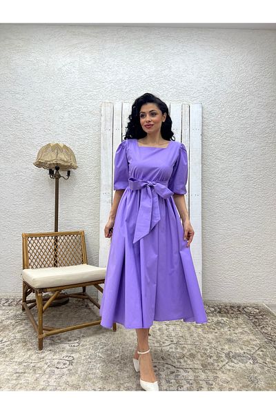 KÜÇÜĞÜM BUTİK Dark Lilac Big Bow Square Neck Flared Poplin Dress