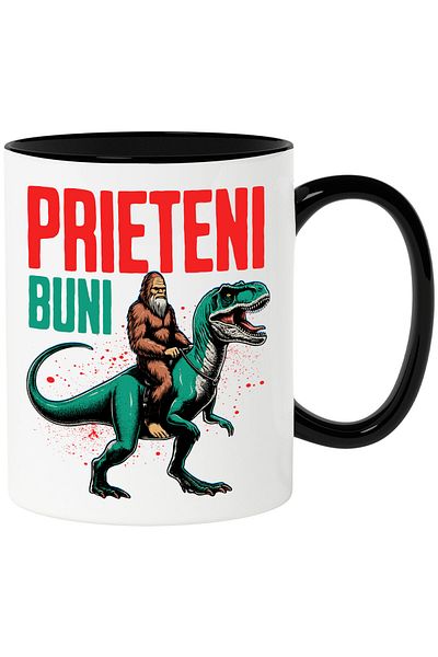 StoryGift Romania Mug with Brown Animal BigFoot Riding a T-rex Dinosaur, Text Good Friends, Wax, With ,STG