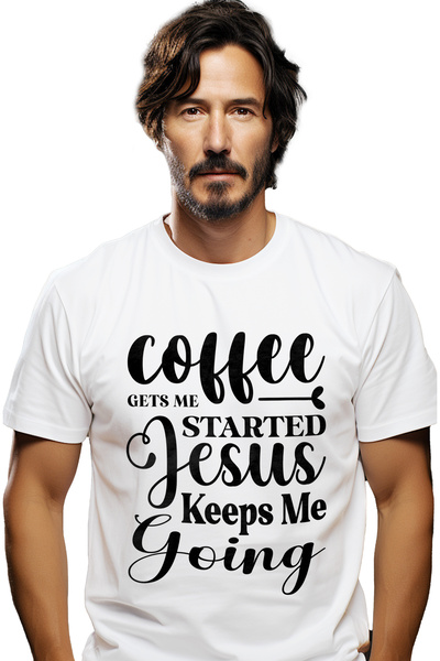 StoryGift Romania Tricou bărbătesc cu mesajul „cafeaua mă dă startul, Isus mă...