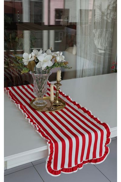 vintagetasarım Runner Striped Ruffled Vintage Red Duck Linen 40X130Cm