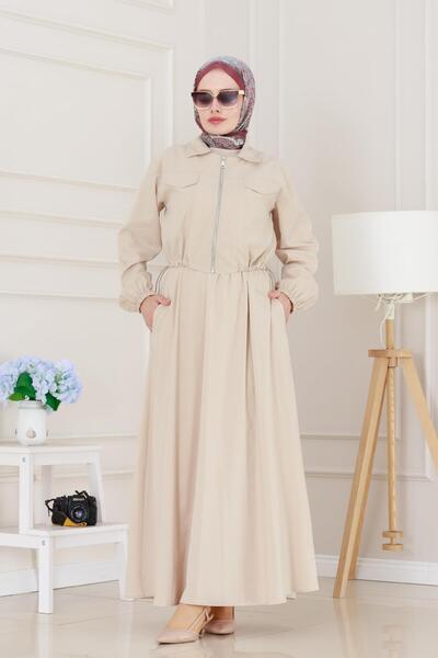 Sevitli Zippered Pocket Gilet Dress-Beige