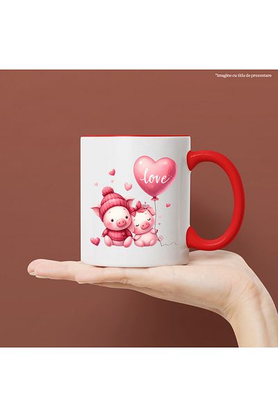 StoryGift Romania Mug with 2 piglets, illustration, heart-shaped balloon, love, hat, bow, With, STG