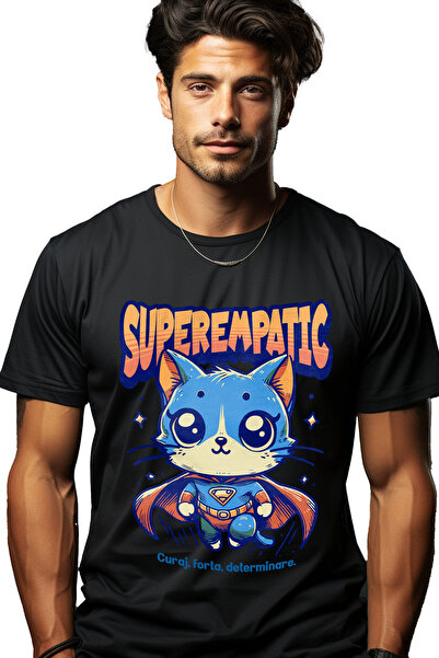 StoryGift Romania Tricou bărbătesc Super Empathetic, Supererou, Pisică Zburăt...