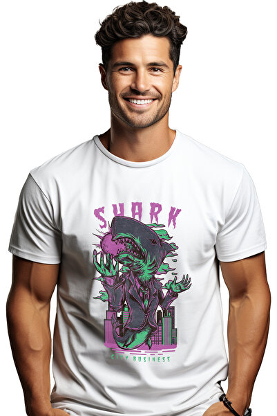 StoryGift Romania Tricou bărbătesc cu rechin în costum elegant în orașul nopț...