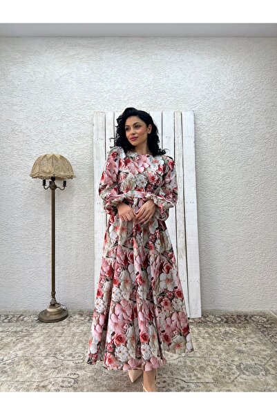 KÜÇÜĞÜM BUTİK Hijab Βαμβακερό Σατέν Ροζ Μεγάλο Φόρεμα με Λουλούδια