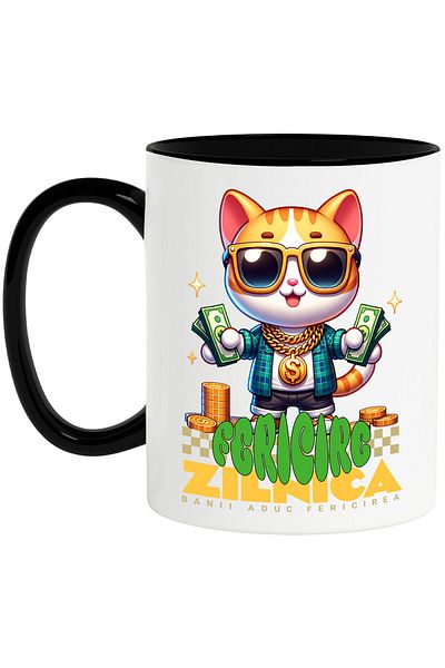 StoryGift Romania Mug with Gangster Cat With Money and Gold Banknotes, Text Money Brings Happiness Days, With ,STG