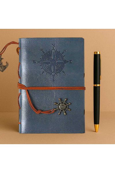 MRShopping Комплект тефтер и химикалка MR Leather Kraft Paper Compass Design, подаръчен комплект със специален дизайн