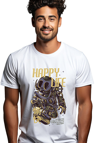 StoryGift Romania Tricou bărbătesc cu robot zâmbitor, text violet în engleză ...