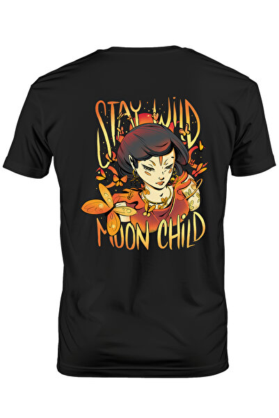 StoryGift Romania Men's T-shirt With Message In English Stay Wild Moon Child, Moth, Moon, With Print On Back Stg