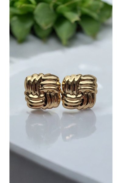 İNİTİUM Vip Stainless Steel Gold Striped Square Earrings