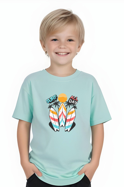 FYK KİDS Boys Round Neck Surf All Day Printed T-Shirt