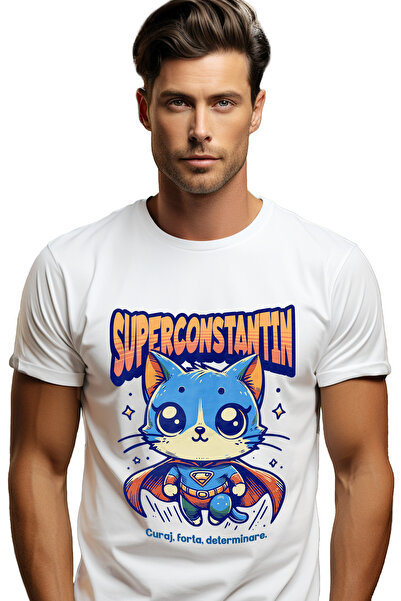 StoryGift Romania Tricou bărbătesc Super Constantin, Supererou, Pisică Zburăt...