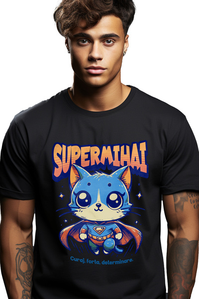 StoryGift Romania Tricou bărbătesc Super Mihai, Supererou, Pisică Zburătoare ...