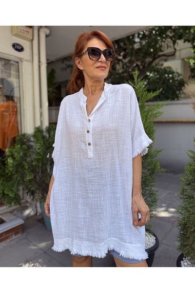 DenizEge Italian Tasseled Linen Textured Dress White