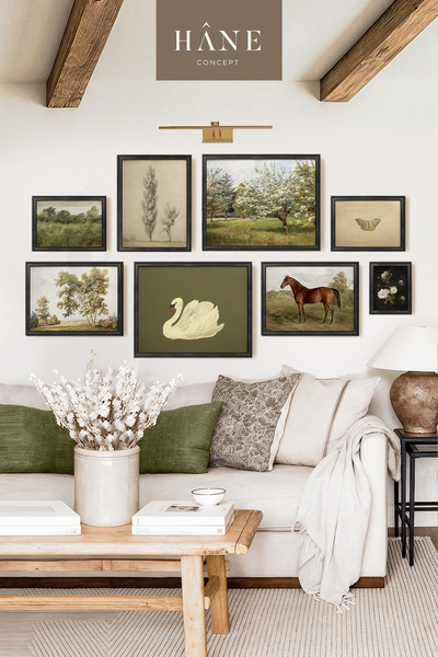 Hane Concept Vintage Çerçeveli 8'li Tablo Seti, Galeri Duvarı, Orman Manzaraları, Kuğu Baskılı, Çiftlik Evi Tarzı