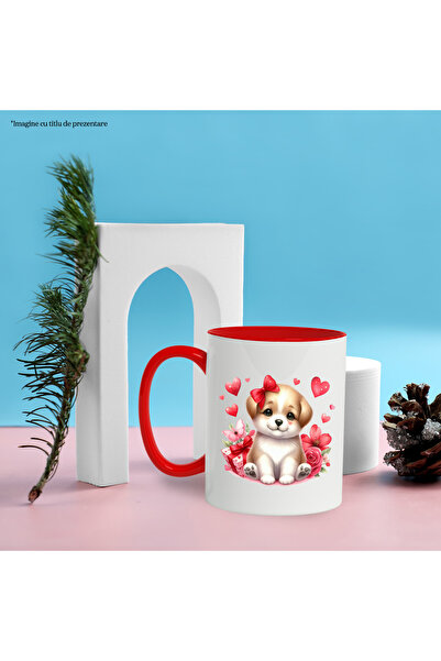 StoryGift Romania Mug with a puppy with a bow, illustration, gift, rose, flowers, hearts, love, With, STG