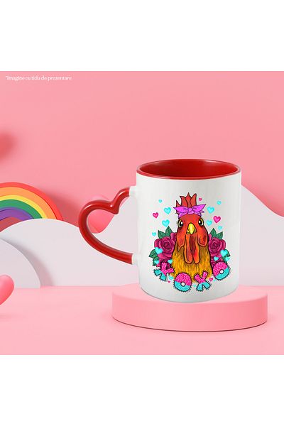 StoryGift Romania Mug with a rooster surrounded by roses with the message "xoxo", kisses, bird, fun, With,STG