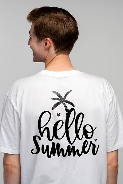 StoryGift Romania Men's T-shirt with hearts and palm tree with the greeting "Hello, summer" - good summer with STG print