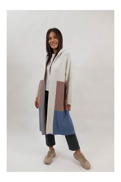 De Royal Italy LONG KNIT CARDIGAN WITH WHITE BLOCK HOOD ONE SIZE Blue