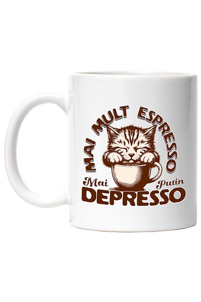 StoryGift Romania Mug with Sleepy Cat in coffee cup Text More Expresso less depr, With ,STG