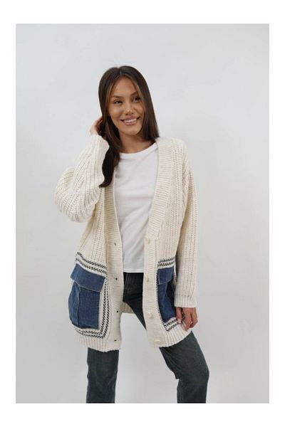 Lamiar ALARA OVERSIZED DENIM POCKET KNITTED MIDI CARDIGAN ONE-WAIST Ivory