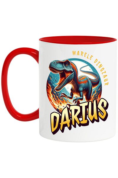 StoryGift Romania Mug with angry T-rex Dinosaur in flames, Text The Great Dinosaur Darius, Ceramic, With, STG