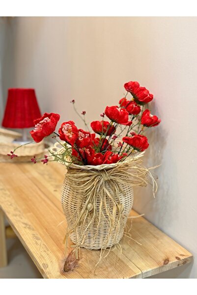 Maison Avf Set of 2 Rattan Handmade Vase & Red Poppy