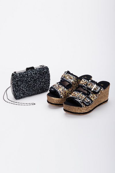 AYDOĞDU by ünal Alaçatı Black Stone Stylish Denim Slippers and Bag Combination - 7000