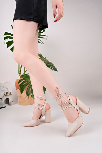 Saltopik Beige Skin New Drawstring Open Back Heeled Shoes