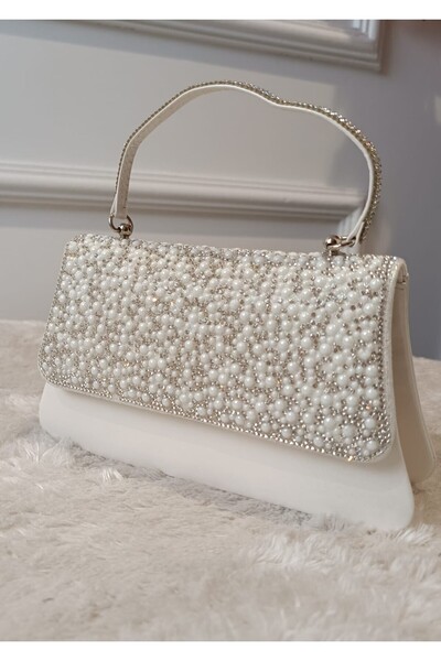 RUXENE SİLVA PERLE CAPAC DECOR DETALIE PIELE ALBĂ GEANTĂ DE INVITĂRI DE MIREASĂ