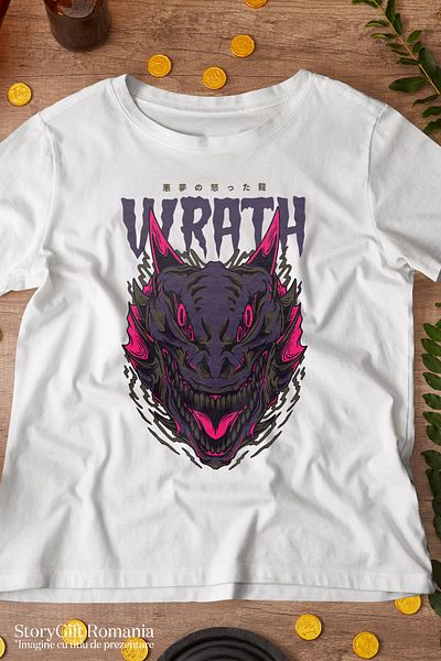 StoryGift Romania Tricou bărbătesc cu mesaj în engleză Wrath, Mania, Dragon, Monstru, Horror, Japoneză, cu Im Stg