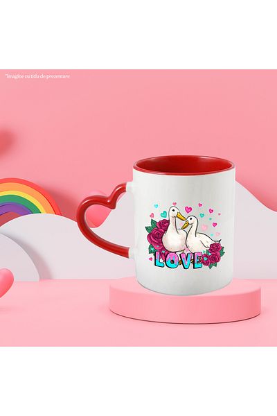 StoryGift Romania Mug with 2 close rates with the message "Love", colorful hearts, roses, Vale, Cu, STG