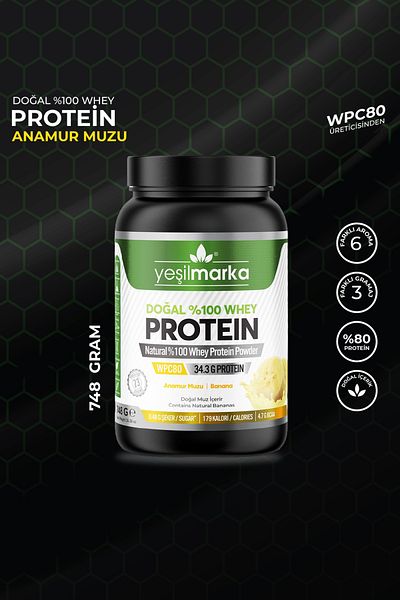 yeşilmarka Natural Whey Protein Powder - Anamur Banana 748g - Real Banana Powder - Does Not Contain Artificial Sweetener!