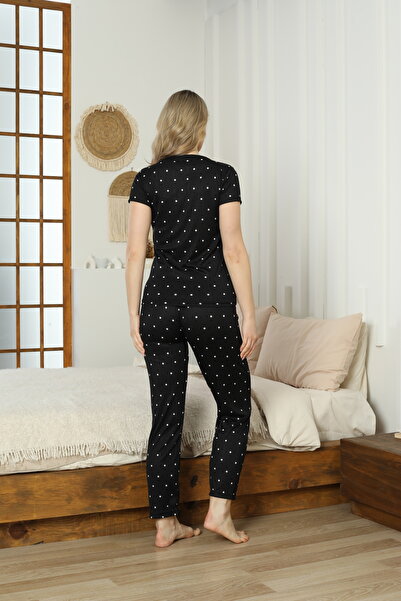 LİLA İÇ GİYİM Women's Pegasus Points Patterned Black Short Sleeve Pajama Set