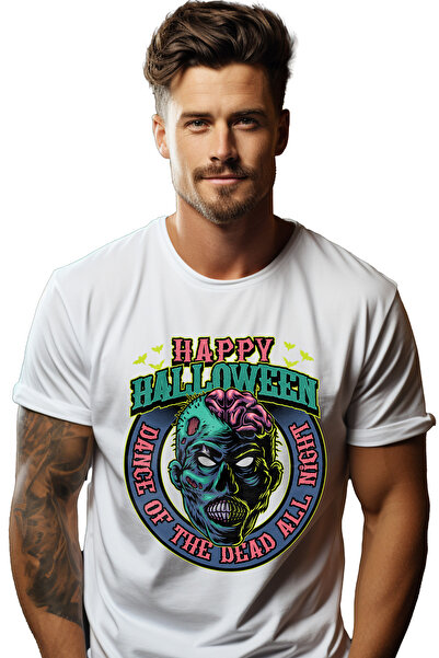 StoryGift Romania Tricou bărbătesc cu mesaj în engleză Happy Halloween, Zombie, Brain, Lilieci, cu imprimeu Stg