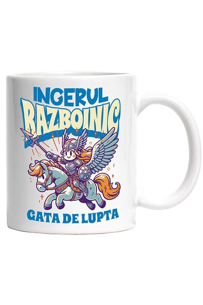 StoryGift Romania Mug with Warrior in Iron Armor on Horse, text Warrior Angel Ready to Fight, With ,STG