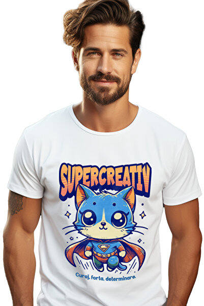 StoryGift Romania Tricou bărbătesc Super Creative, supererou, pisică zburătoa...