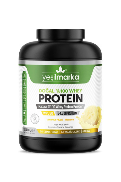 yeşilmarka Natural Whey Protein Powder - Anamur Banana 1540g - Contains only 80% Protein Containing Whey Protein