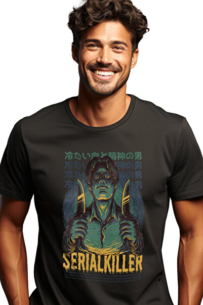 StoryGift Romania Men's T-Shirt With Man Shirt And Hair With Path In The Middle Two Knives In Hands, Text In English STG