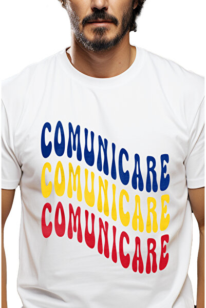 StoryGift Romania Tricou bărbătesc Cuvântul Comunicare, În Culorile Drapelulu...