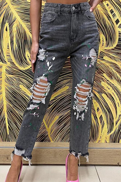 FashionForYou Blugi dama Slime, cu talie inalta si taieturi, Gri, 28