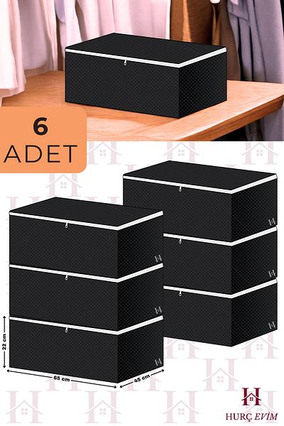 HURCEVİM 6 Pieces Black Zippered Storage Bag - under Base Storage Bag, Organizer, Clothing Storage Bag 65X45X22 cm