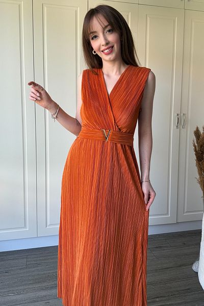 Dilay Gökoğlu Butik Rochie portocalie cu cataramă midi cu guler dublu