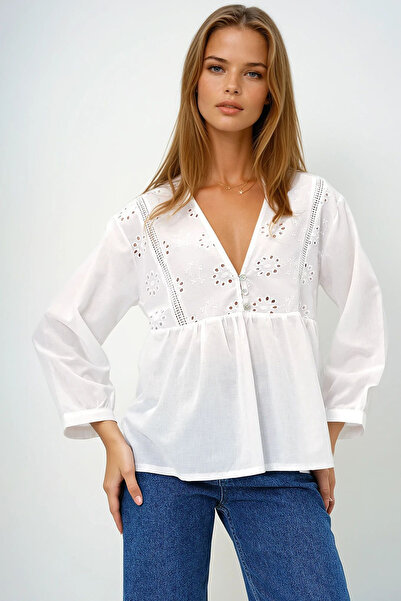 VAGGON Women's White V-Neck Embroidered Skirt with Flounce Woven Blouse Prmx13419