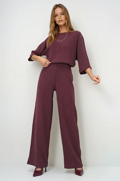 VAGGON Bluză largi și pantaloni Palazzo pentru femei, burgundă, cu gât de barcă, cu mâneci liliac, costum înfășurat Prmx13470