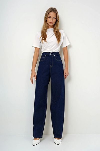VAGGON Women's Dark Navy Blue High Waist Baggy Balloon Jean Prm0721